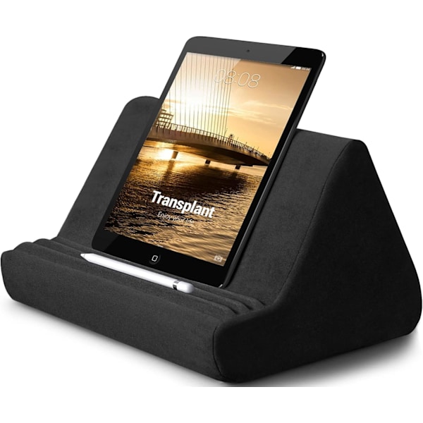 Transplant Blød Tablet Holder med Lomme, 3 Justerbare Synsvinkler, Sækkestol Stand, Kompatibel med iPad Tablets, Bøger og Magasiner (Sort)