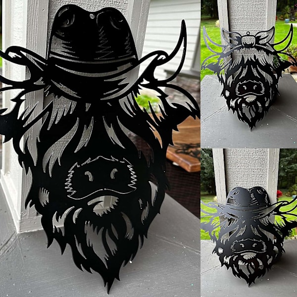 Metal Bull's Head Wall Sculptures for Front Door, 3D Wall Silhouette Iron Cattle Metal Wall Art with Vivid Hair, Black Abstract Welcome Sign