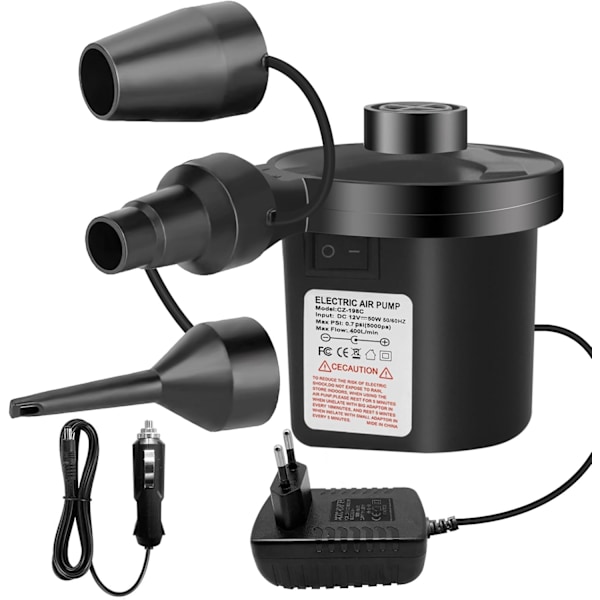 Elektrisk luftpumpe for oppblåsing og tømming, 240V/130W pumpe med 3 dyser for oppblåsbare madrasser, plaskebasseng, baderinger