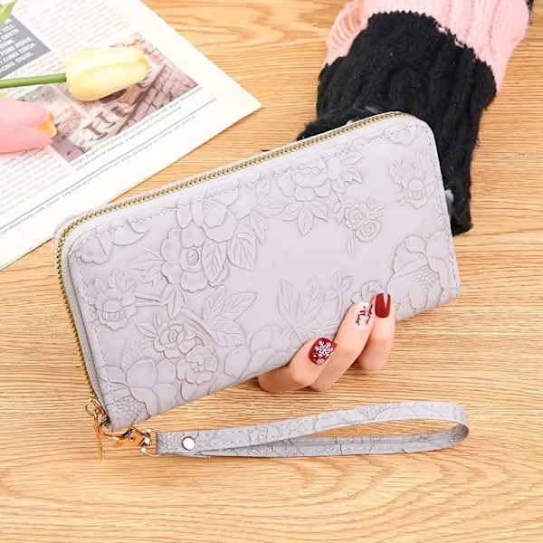 Trendy Floral Embossed Long Wallet with Credit Card Holder and Phone Coin Clutch for Women