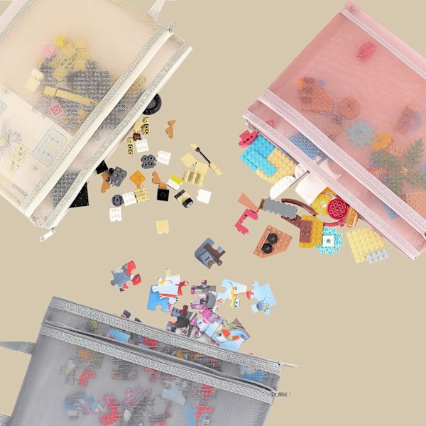 Fargerike nettingposer med glidelås, dobbeltlags nylon lekeoppbevaringsposer, pustende transparente A4-glidelåsposer med håndtak for skolekontor