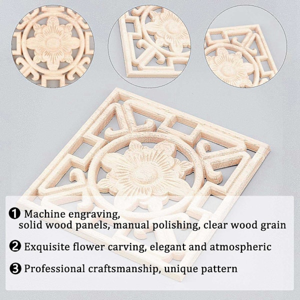 4 st fyrkantiga träskurna applikationer ihåliga blommor omålade pålägg möbler heminredning för vägg D