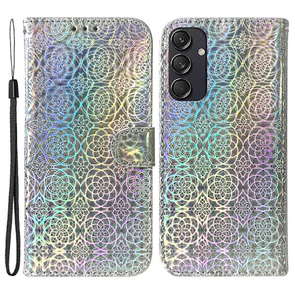 Samsung Galaxy M55 5G -kotelo, häikäisevä kukkakuvio, magneettilukollinen nahkakuori - harmaa