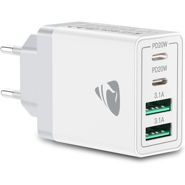 USB C Oplader, 4 Port Multi Oplader, 40W Hurtig Oplader PD 3.0 Strømadapter USB Strømforsyning til iPhone 16 15 14 Pro Max 13 12 11 SE 2020 XS XR