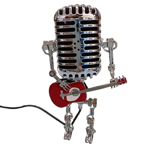 Mikrofonlampe - Lampehoved Vintage Metal Mikrofon Robot Skrivebordslampe Retro stil Husholdningsdekorationer, rød og sølv