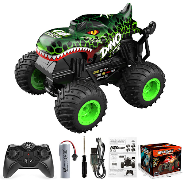 Monsteriauto Lelu, 2.4GHz RC Monsteriauto Pojille, 1:20 Dinosaur RC Auto Valoilla ja Musiikilla, RC Auto Tempuilla, 360° Pyöriminen...