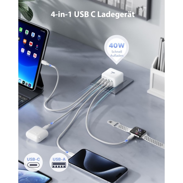 USB C Laddare, 40W 4 Portars Multiladdare, Snabbladdare PD 3.0 Strömadapter för iPhone 15 14 Pro Max 13 12 Mini XS XR 8, iPad, Samsung, Mobiltelefoner