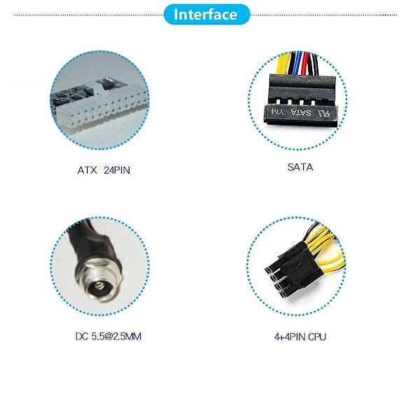 Høy effekt 300w 12v Dc5.5x2.5mm inngang Dc-atx Psu Pico Atx Switch Mining Psu 24pin Mini Itx Dc Atx P