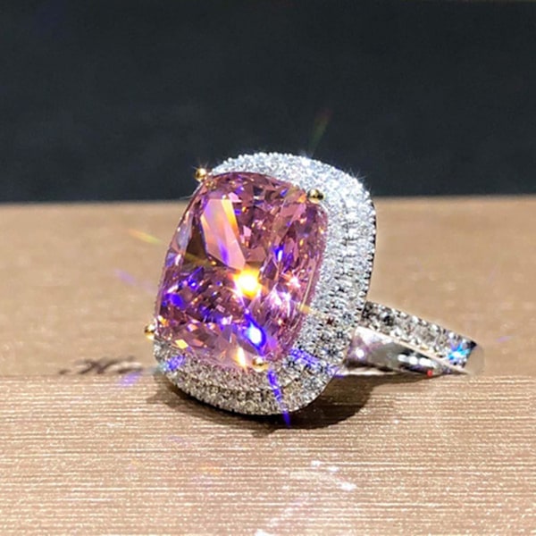 Lyxig fyrkantig mikroinlagd rosa diamant ring zirkonring damer förlovningsbröllop smyckesgåva