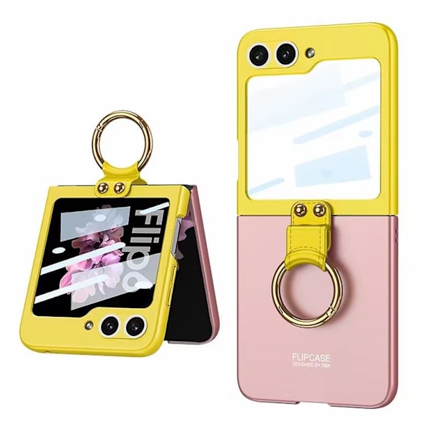 Passar Samsung Galaxy Z Flip 6 mobiltelefon fodral ring vikbar kreativ skal film integrerad kontrastfärg skyddande skal Yellow pink