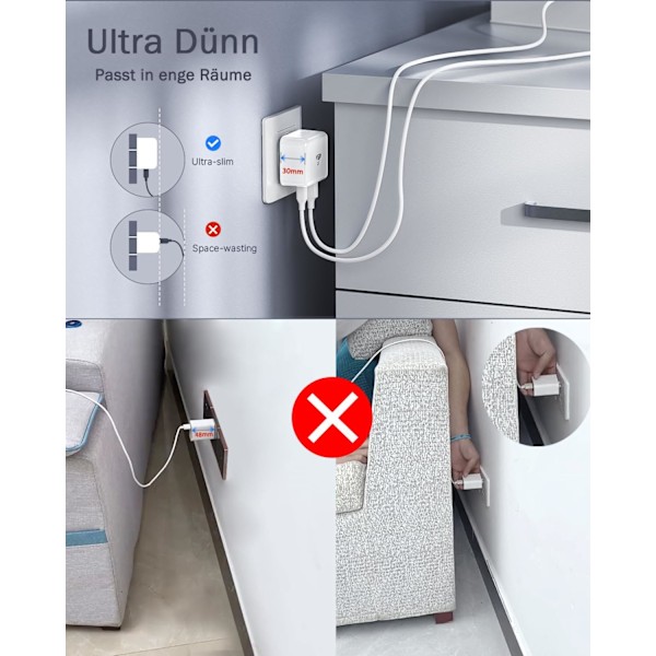 USB C Laddare, 40W 4 Portars Multiladdare, Snabbladdare PD 3.0 Strömadapter för iPhone 15 14 Pro Max 13 12 Mini XS XR 8, iPad, Samsung, Mobiltelefoner