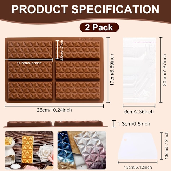 2-pak 6-rums silikonechokoladeforme, rektangulære diamant slikforme, silikoneforme BPA-fri, egnet til DIY slikchokoladebagning (A)