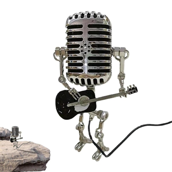 Mikrofonlampe - Lampehoved Vintage Metal Mikrofon Robot Skrivebordslampe Retro stil Husholdningsdekorationer, rød og sølv