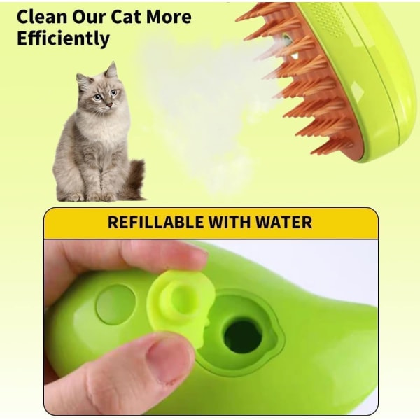 3 i 1 dampbørste til katte - selvrensende dampbørste til katte, multifunktionel børste til kattepleje, kæm til fjernelse af kæledyrshår (grøn)