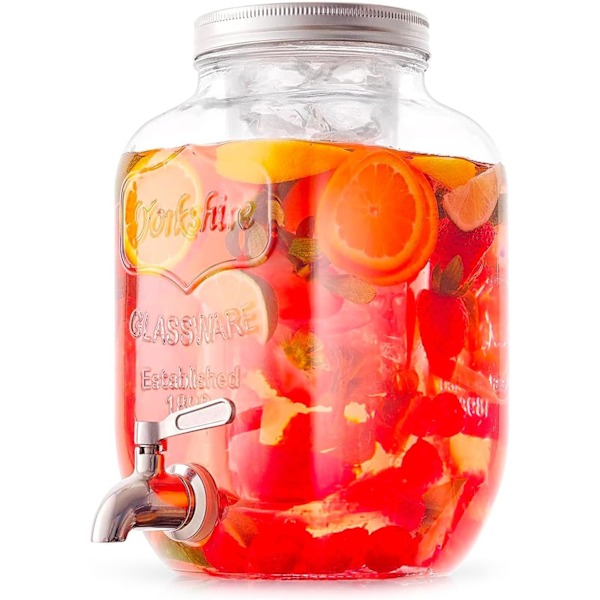 4L glas drikkedispenser med kromhane, tåler opvaskemaskine, perfekt til aperitiffer på camping eller på farten