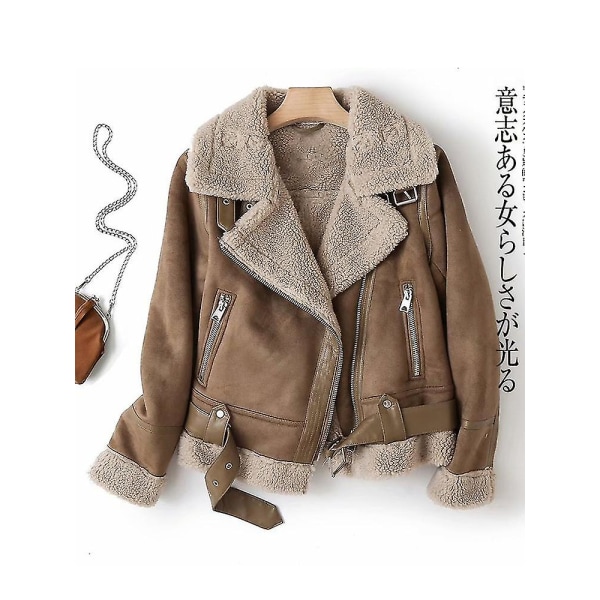 Women Winter Faux Shearling Sheepskin Fake Leather Jackets Lady Thick Warm Suede Lambs Short Motorcycle Brown