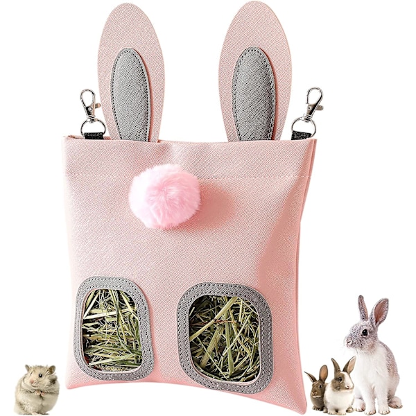 Rabbit Hay Feeder Bag, Cute Pink Pu Leather Hanging Storage Hay Feeders For Bunny, Guinea Pig, Hamster, Small Animal