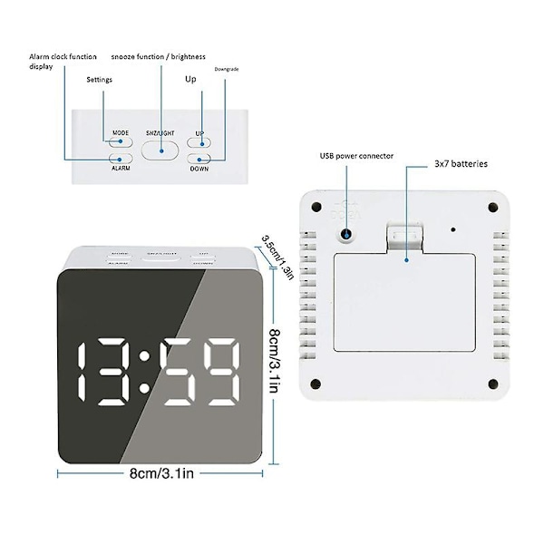 Speilklokke Vekkerklokke Snooze LED Digital Bordklokke Tid Temperatur Stor Elektronisk Skjerm D