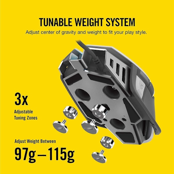 Hvit M65 RGB Elite  Kablet FPS og MOBA Spillmus  Justerbar Vekt og Balanse  Slitesterk Aluminiumsramme  18 000 DPI Optisk Sensor, Svart