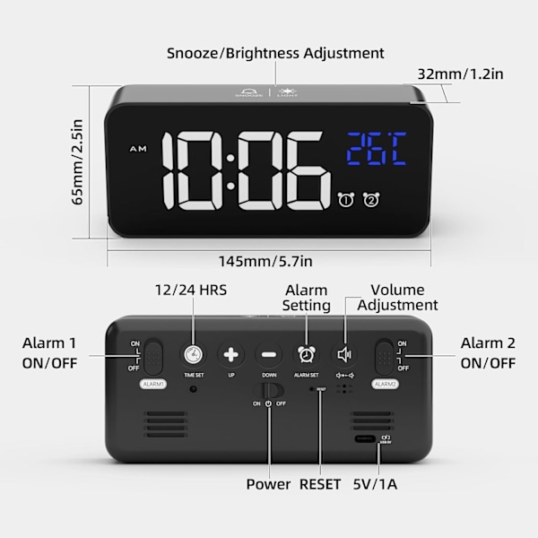 Digital väckarklocka, LED-alarm med snooze-funktion, USB-port för laddning (Svart)