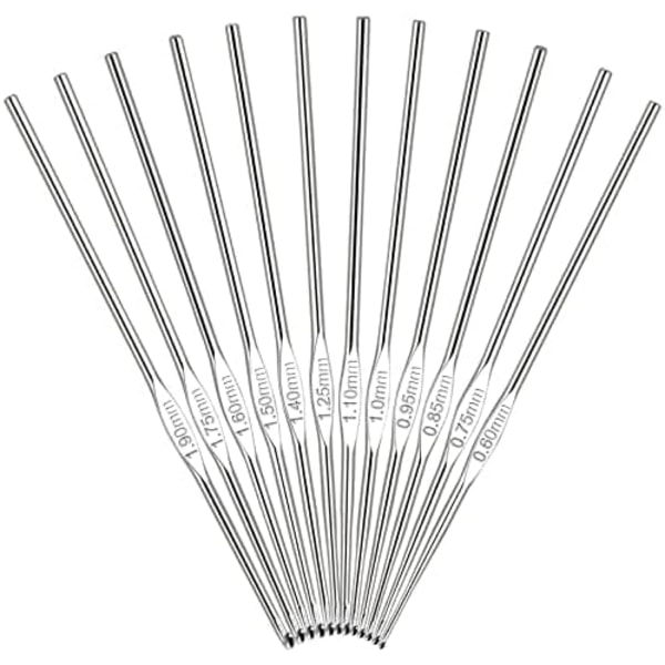 12 hæklenåle, 0,6 mm, 0,75 mm, 0,85 mm, 0,9 mm, 1,0 mm, 1,1 mm, 1,25 mm, 1,4 mm, 1,5 mm, 1,6 mm, 1,75 mm, 1,9 mm, velegnet til fine strikkeprojekter