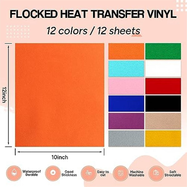 Flockad Htv Heat Transfer Vinyl - 12 ark blandad färg Flockad Heat Transfer Vinyl Flockad påstrykning för T-shirts