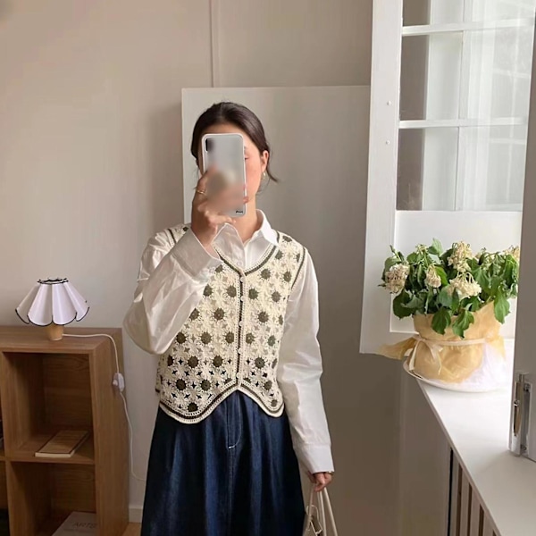 Boho Kvinne Heklet Strikket Vest Veste Blomstermønster Ermeløs Hul Cardigan