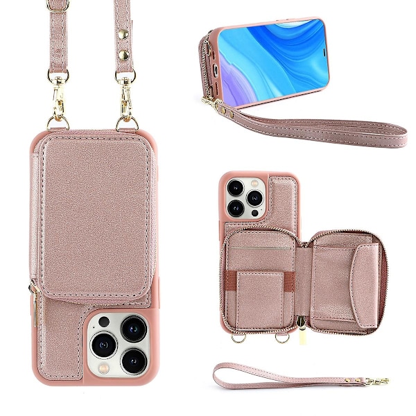 Crossbody lynlås pung etui kompatibel med iPhone 15 Pro Max, PU læder stødsikkert cover med håndledsrem og kortholder