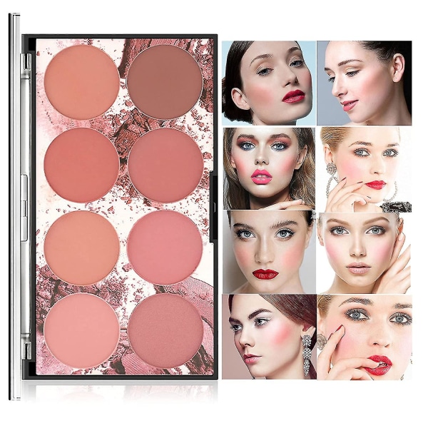 8 nuancer af blush-palet, mat, langtidsholdbar naturlig hudtone ansigtsblush, lysende shimmer blush-pudder