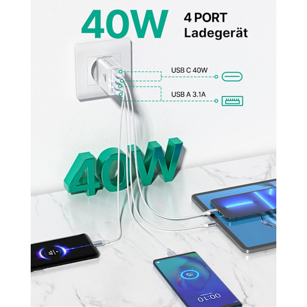 USB C Oplader, 4 Port Multi Oplader, 40W Hurtig Oplader PD 3.0 Strømadapter USB Strømforsyning til iPhone 16 15 14 Pro Max 13 12 11 SE 2020 XS XR