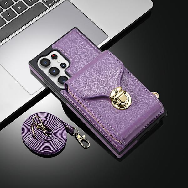 Til Samsung Galaxy S24 Ultra lynlås pung etui, kortholder lædercover med crossbody snor til kvinder