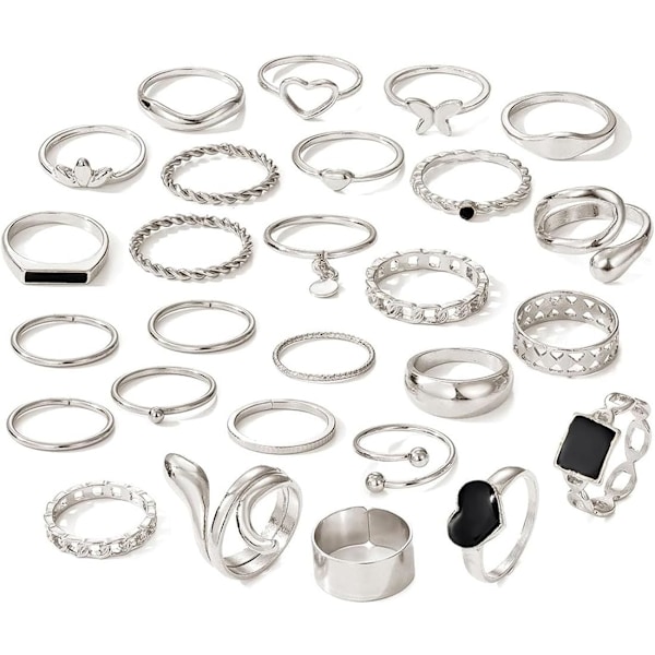 27 Delar Damringar, Stapelbara Knogringsset, Dam Knog Mellanfingerring Silver