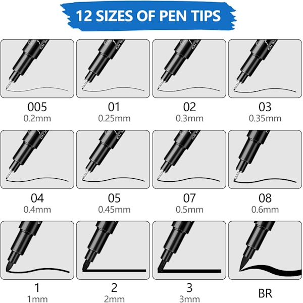 Sorte fine tip penne, 12 tegnetusser, filtpenne, kalligrafi skrivesæt til tegneserier, skrivesignatur, illustrationsdesigntegning