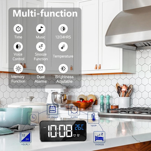 Digital väckarklocka, LED-alarm med snooze-funktion, USB-port för laddning (Svart)