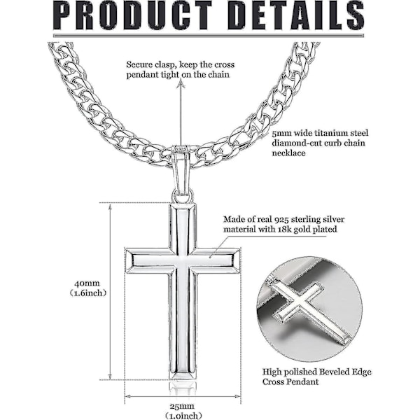 925 Sterling Sølv Kors Halskjede Med 5mm Rustfritt Stål Diamantslipt Solid Curb Cuban Link Kjede Halskjede 18-30 Tommer