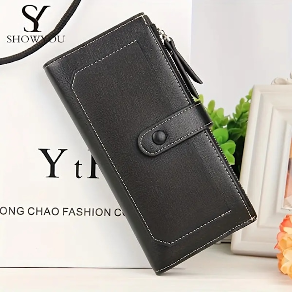 Women's Long Clutch Wallet, Retro Style Long Coin Purse, Foldable PU Leather Credit Card Holder With Zipper And Snap Closure