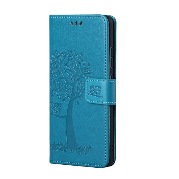 Imprint Tree Owl Läder Plånboksfodral för Samsung Galaxy S21 5G/S21 4G Stativfodral - Baby Blue