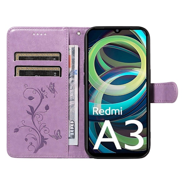 For Xiaomi Redmi A3 Læderetui Sommerfugl Blomstermønster Pung Telefon Cover - Lilla