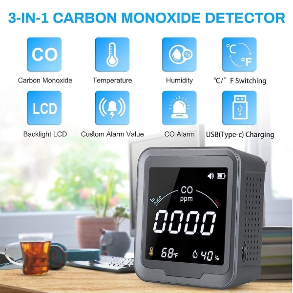 3-i-1 carbonmonoxiddetektor, co-detektor til skrivebord/væg med alarm Temperatur/fugtighedsdetektor Co-måler Pth-9d