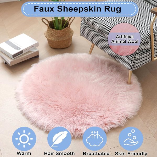 Pyöreä tekoturkispeitto, pehmeä makuuhuoneen matto, villamatto olohuoneeseen, ruokailuhuoneeseen (pinkki, 50 cm halkaisijaltaan)