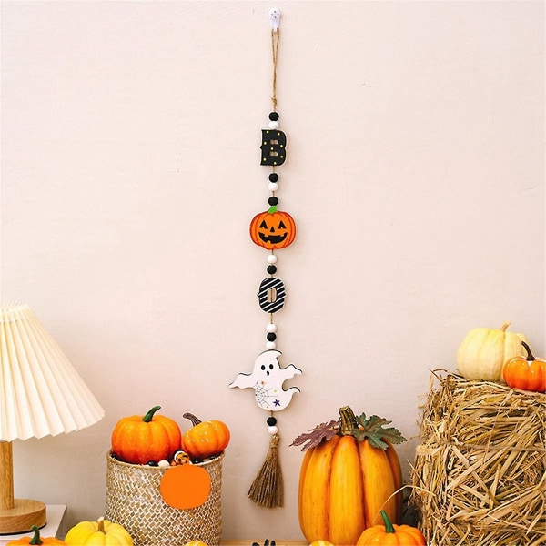 Halloween träpärlgirlander med pumpafladdermusspöke - rustikt hängande vägghängande krans med pärlor i nivå med trågdekor