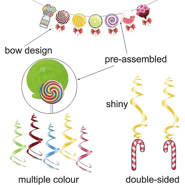 Candyland Festpyntsett, fargerik Candyland-banner & temafest-hengende virvler Lollipop Dec