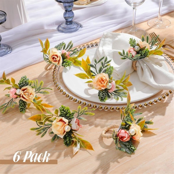 Lautasliinasormukset, 6 kukkaisen lautasliinatelineen set helmiruokapöydällä Sormukset häihin, juhliin, jouluun, lomaan