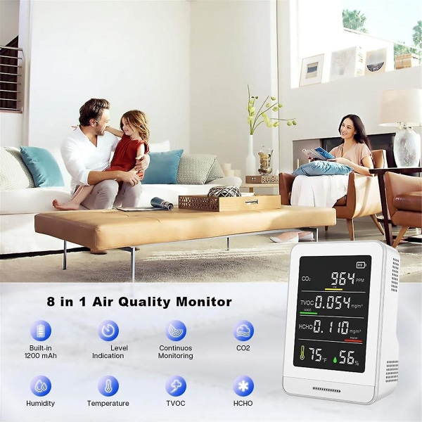 Luftkvalitetsmätare Inomhusluftkvalitetstestare upptäcker, Co2, temperatur, Tvoc och luftfuktighet, luftkvalitetsmätare för hem