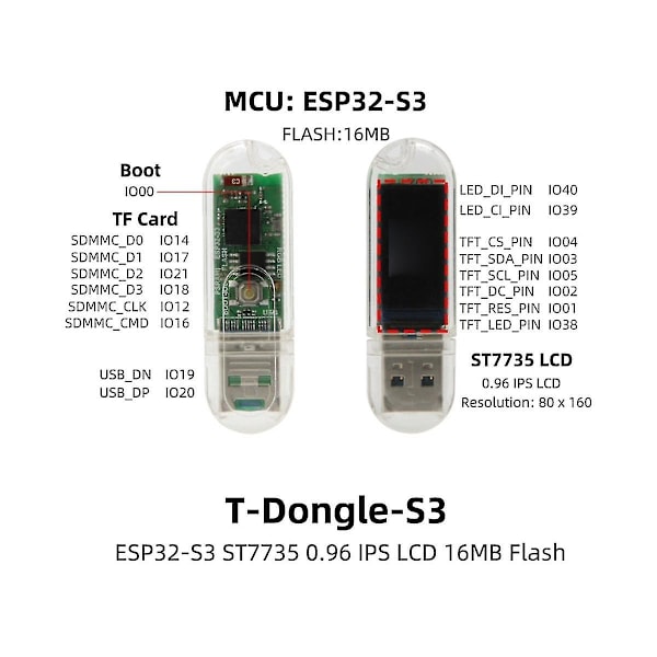 T-Dongle-S3 ESP32 S3 Udviklingskort med skærmdongle 0,96 tommer ST7735 LCD-skærm understøtter trådløst WiFi TF-kort