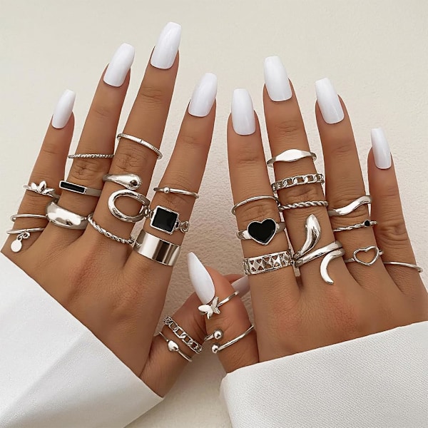 27 Delar Damringar, Stapelbara Knogringsset, Dam Knog Mellanfingerring Silver