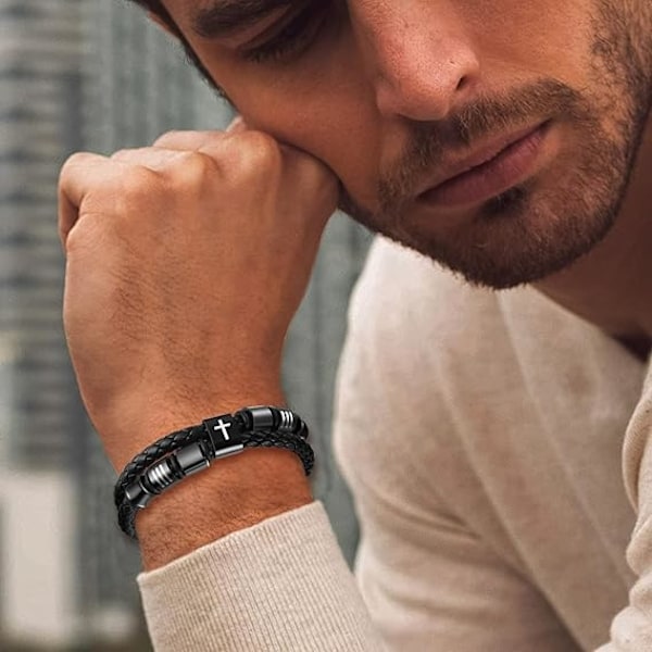 Far Gave Fars Dags Gave til Far - Graveret Kors Armbånd (Far Jeg Elsker Dig) Læderarmbånd med Magnetlås - Fantastisk Gave til Far og Mænd