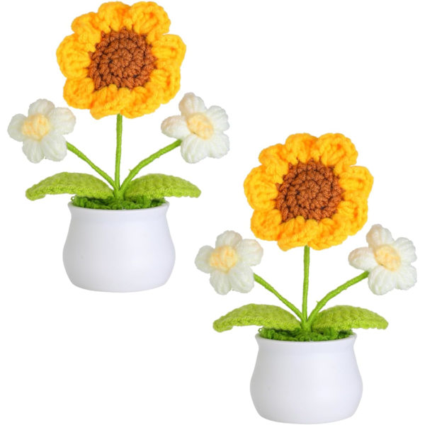 Artificiell Solros Virkad Blomkruka, Mini Stickad Blomkruka, Perfekt för Hemmakontorsdekoration, Alla hjärtans dag-present (2 stycken, Vit)