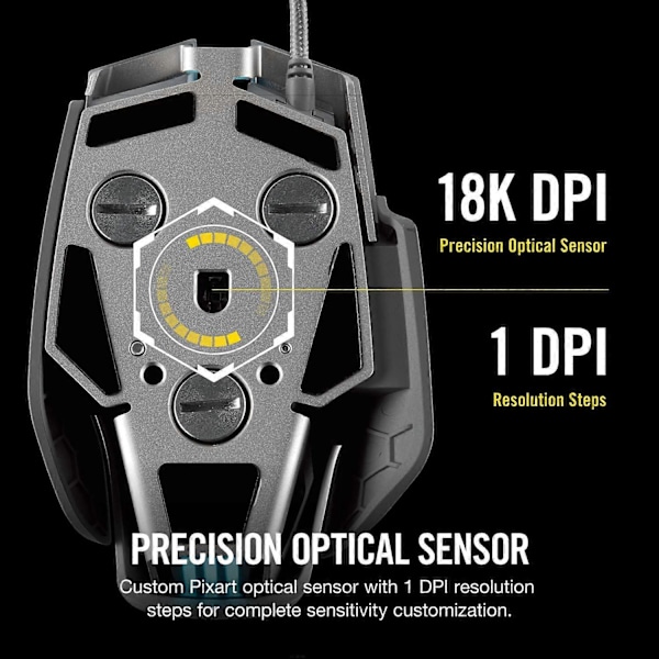 Valkoinen M65 RGB Elite Langallinen FPS- ja MOBA-pelikohdistin Säädettävä paino ja tasapaino Kestävä alumiinirunko 18 000 DPI optinen sensori, Musta