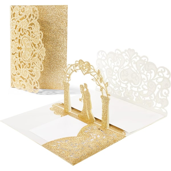 3D pop-up gratulationskort, 3D bröllopskort med kuvert, jubileumskort, gratulationskort för par, brudar, Alla hjärtans dag (guld)